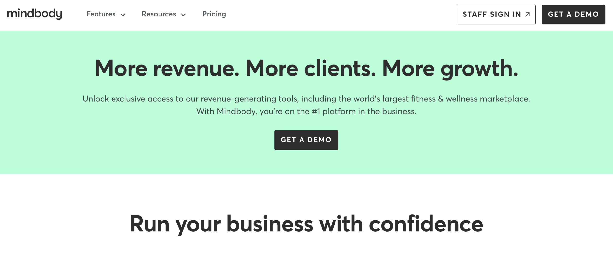 Screenshot of Mindbody's homepage screen